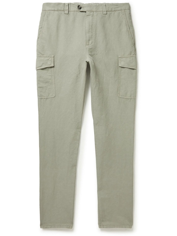 Photo: Brunello Cucinelli - Tapered Linen and Cotton-Blend Canvas Cargo Trousers - Green