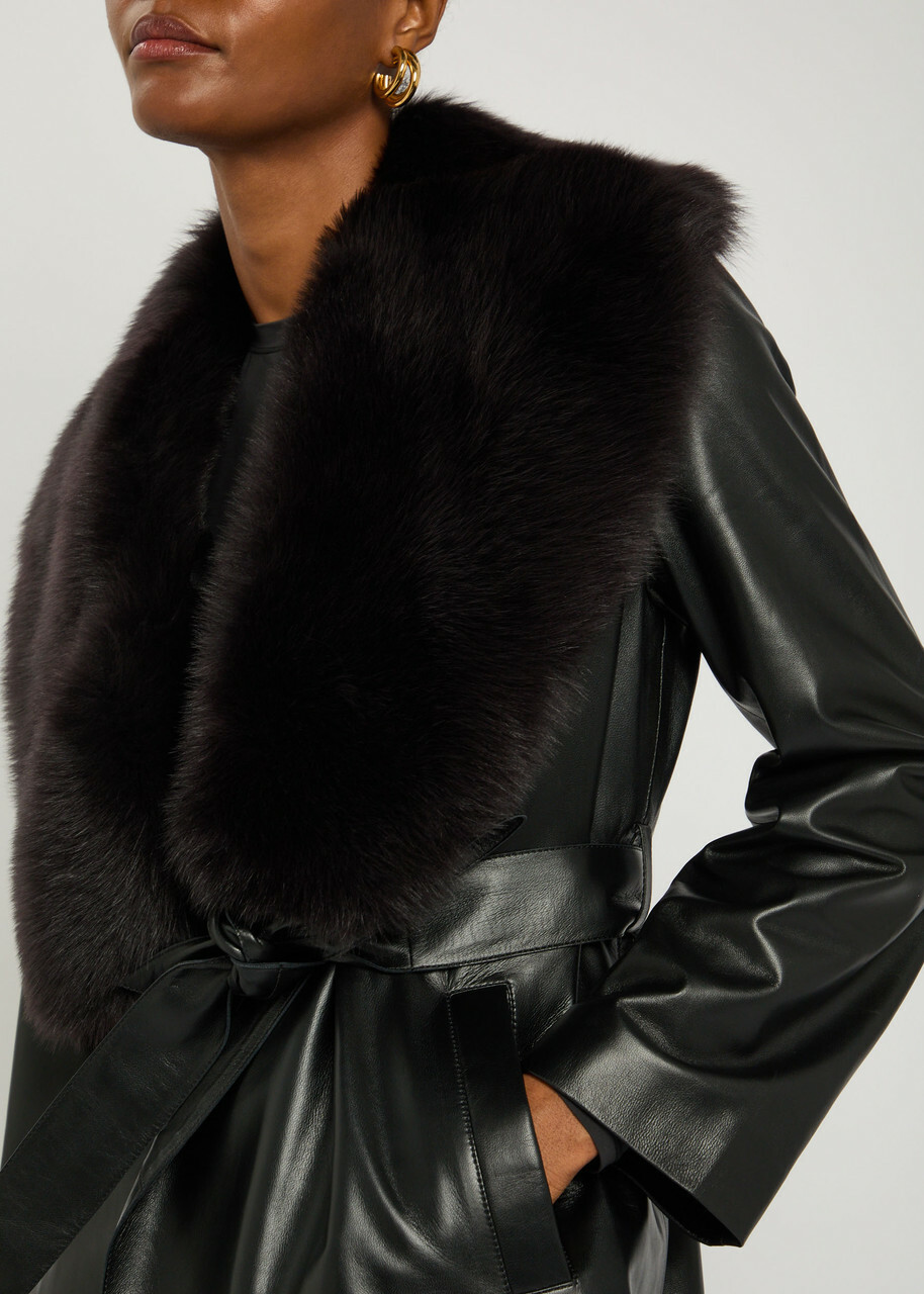 Nour Hammour Kelsey Fur-trimmed Belted Leather Jacket Black