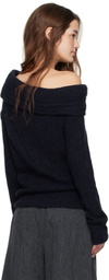 Juun.J Navy Mohair Open Shoulder Golji Sweater
