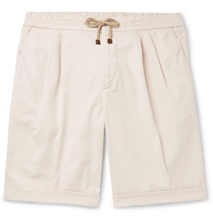 Photo: Brunello Cucinelli - Slim-Fit Pleated Cotton-Blend Twill Drawstring Shorts - Neutrals