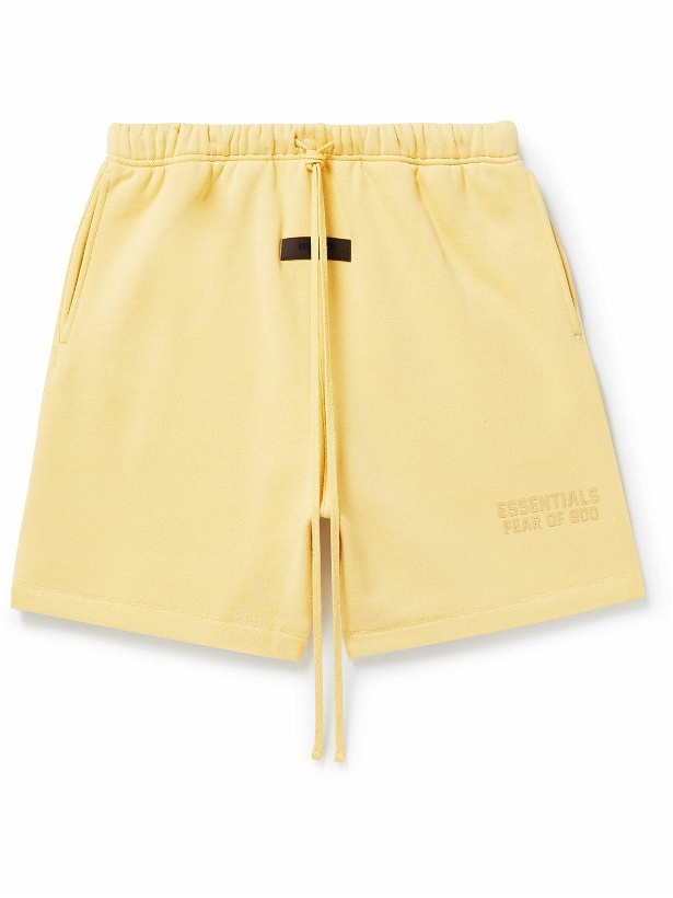 Photo: FEAR OF GOD ESSENTIALS - Logo-Appliquéd Wide-Leg Cotton-Blend Jersey Drawstring Shorts - Yellow