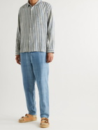 11.11/ELEVEN ELEVEN - Tapered Striped Slub Cotton Drawstring Trousers - Blue - UK/US 34