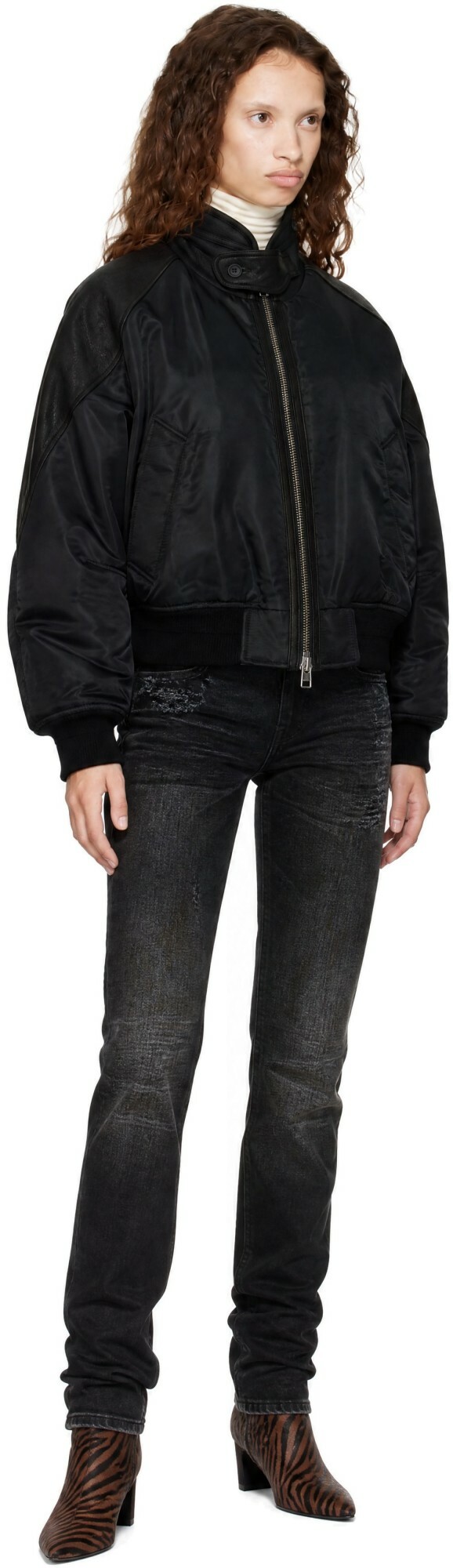 COOR Black Highneck Shearling Mixed MA-1 Bomber Jacket