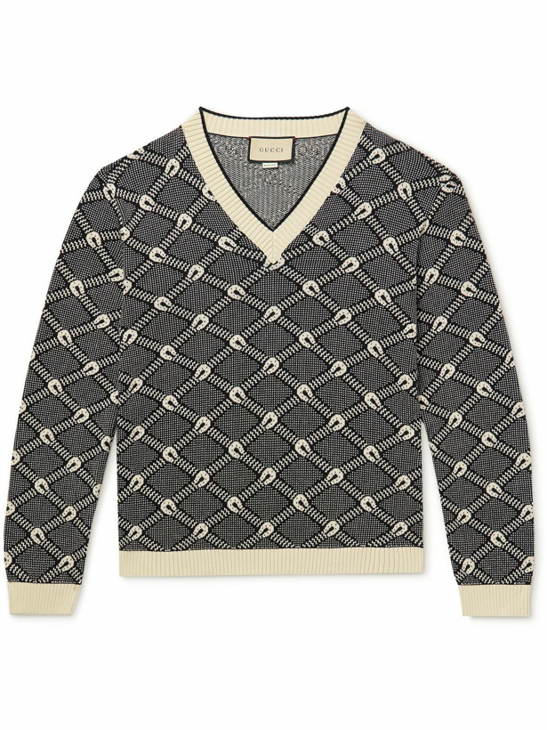 Photo: GUCCI - Slim-Fit Jacquard-Knit Cotton and Cashmere-Blend Sweater - Black