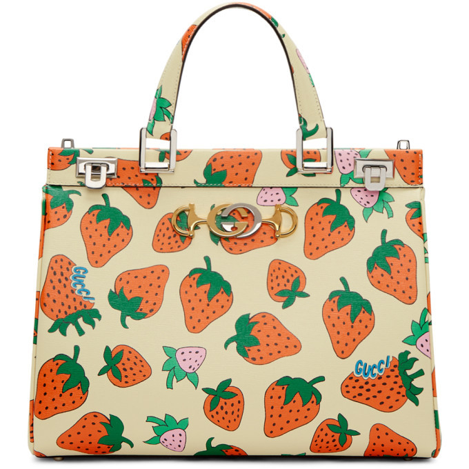 Gucci Off-White Medium Zumi Strawberry Top Handle Bag Gucci