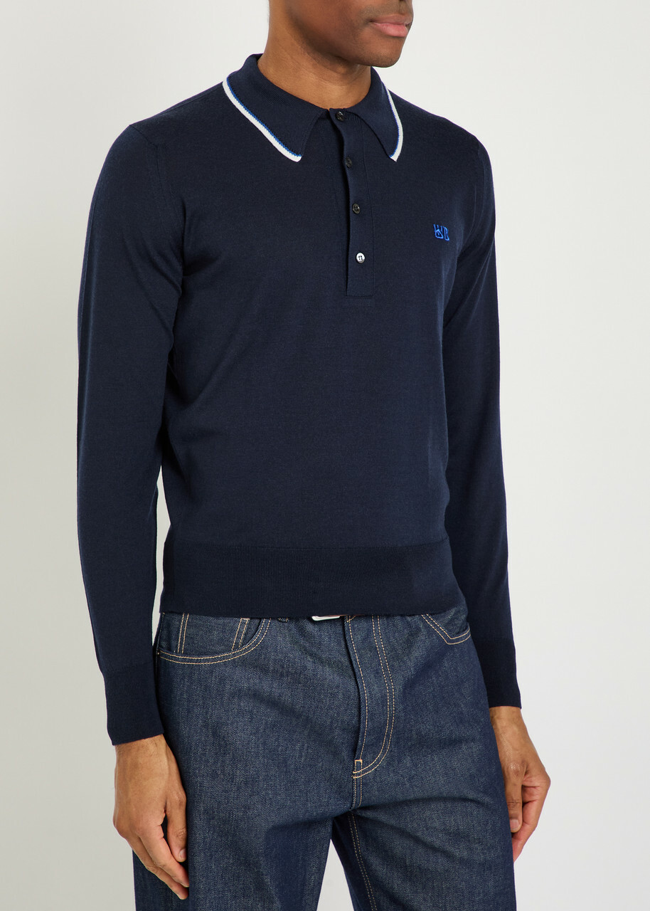 Wales Bonner Henry Logo Fine-knit Merino Wool Polo Jumper Navy