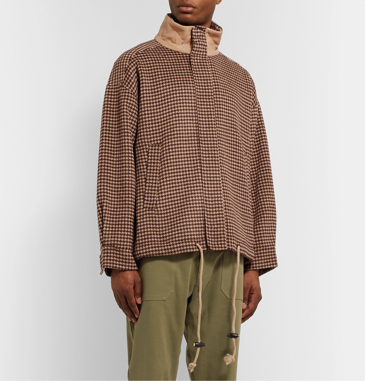 Nanushka - Hayden Faux Leather-Trimmed Houndstooth Wool and Silk-Blend Jacket - Brown