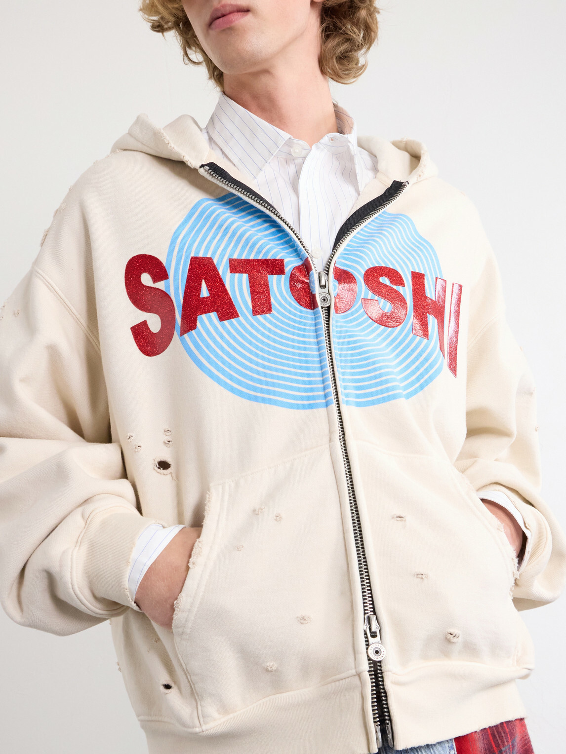 Satoshi Nakamoto - Motoslug Logo-Print Distressed Cotton-Jersey Hoodie - White
