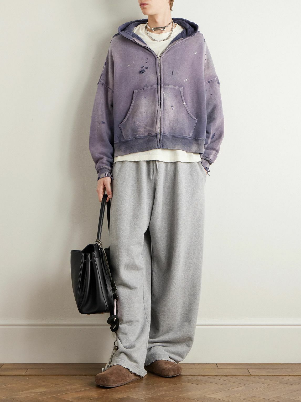 SAINT MXXXXXX - Oversized Distressed Cotton-Jersey Zip-Up Hoodie - Blue