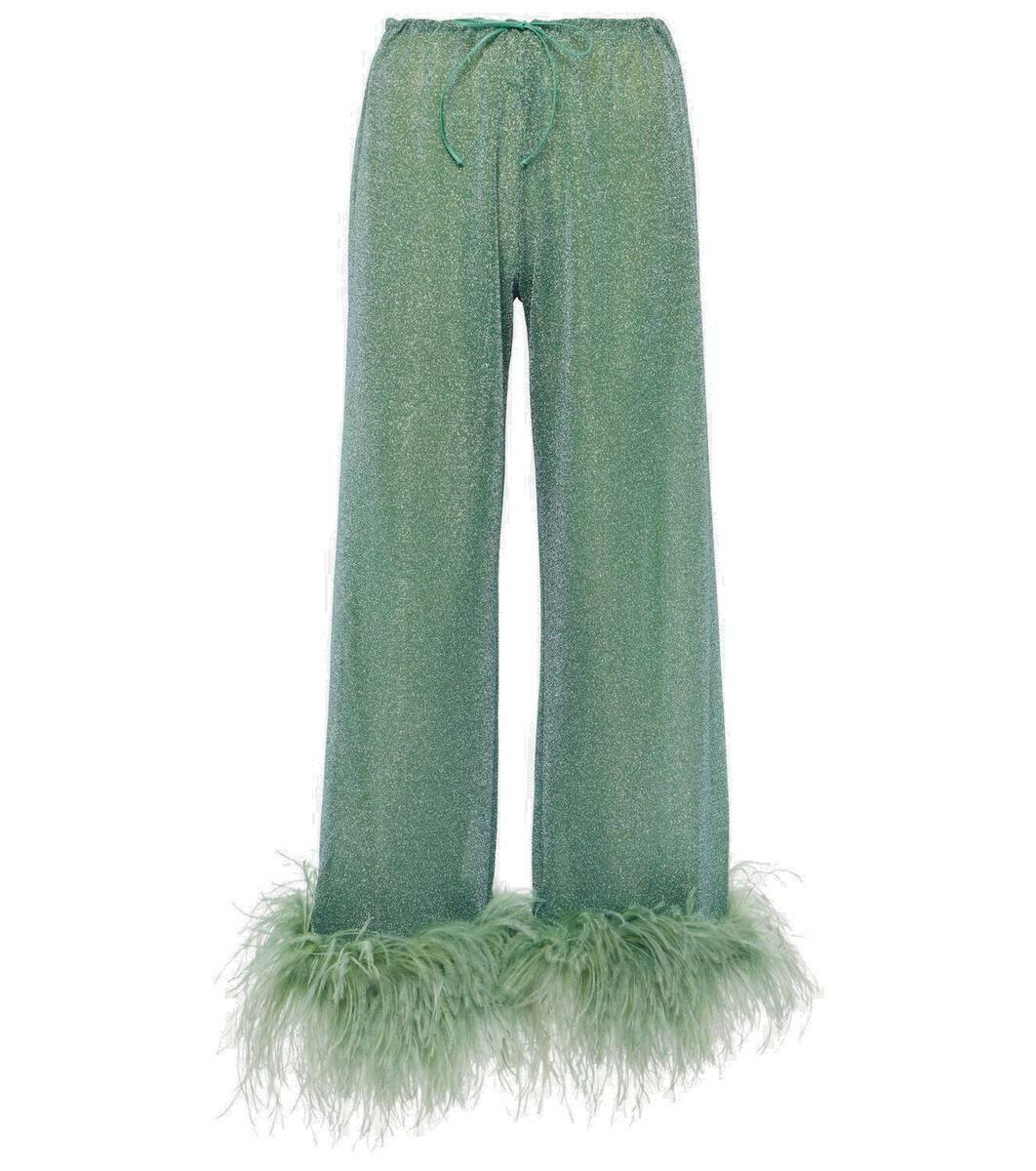 Oséree Lumière Plumage feather-trimmed lamé pants Oseree