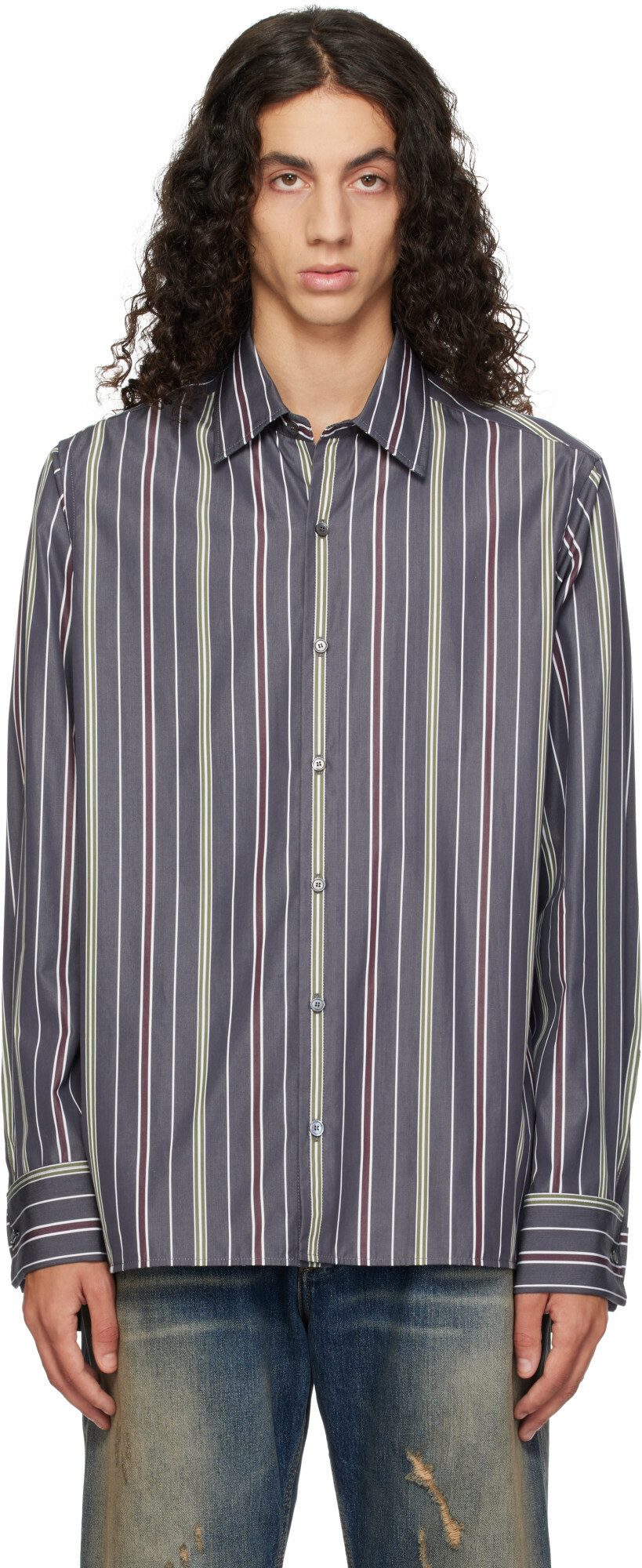 Lanvin Gray Straight-Cut Striped Shirt