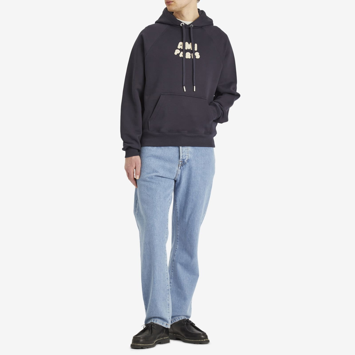 AMI Paris Men's Woven Ami Logo Jersey Hoodie in Navy Blue AMI
