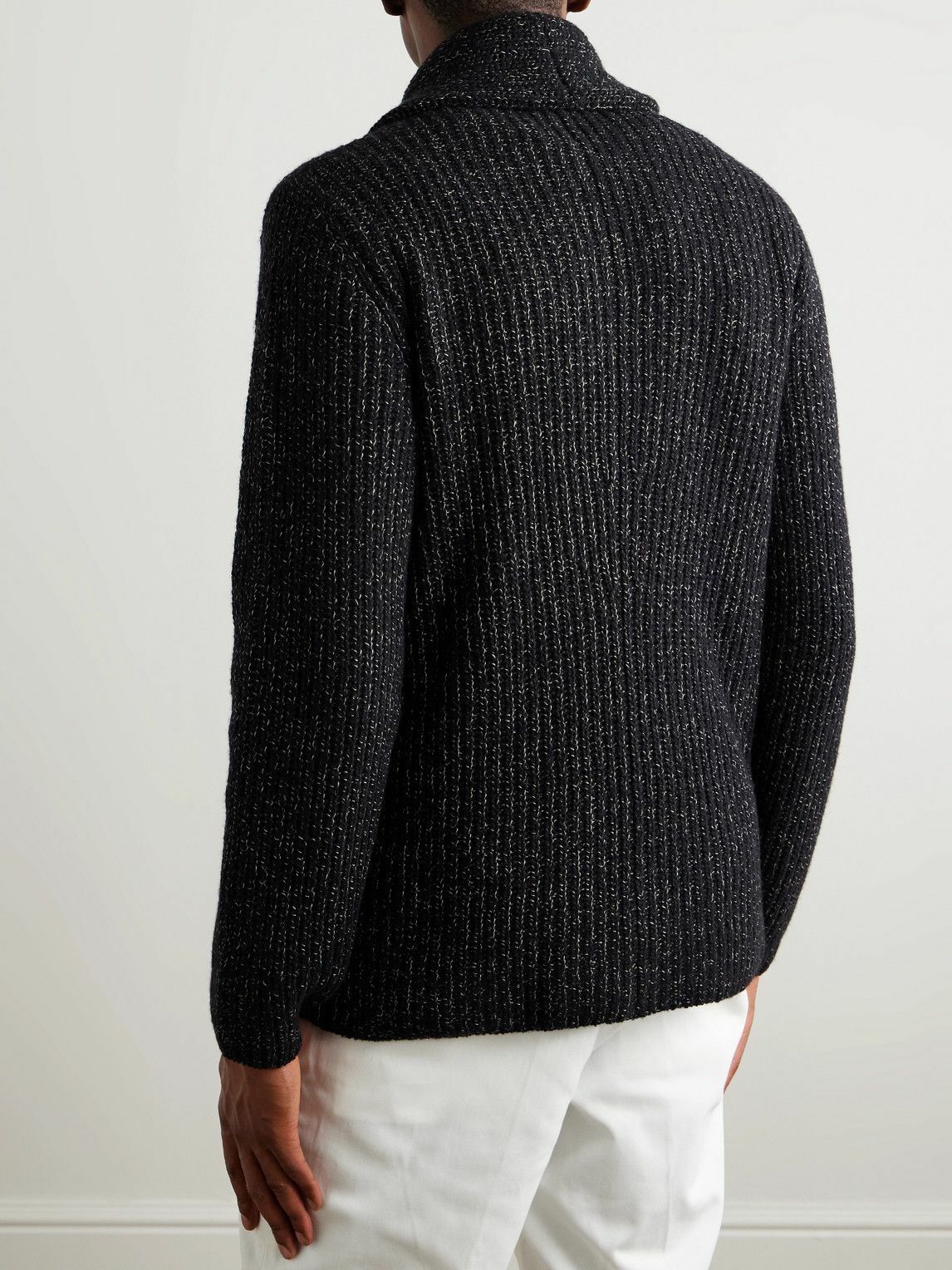Brunello Cucinelli - Shawl-Collar Double-Breasted Ribbed Virgin Wool, Silk and Cashmere-Blend Cardigan - Black