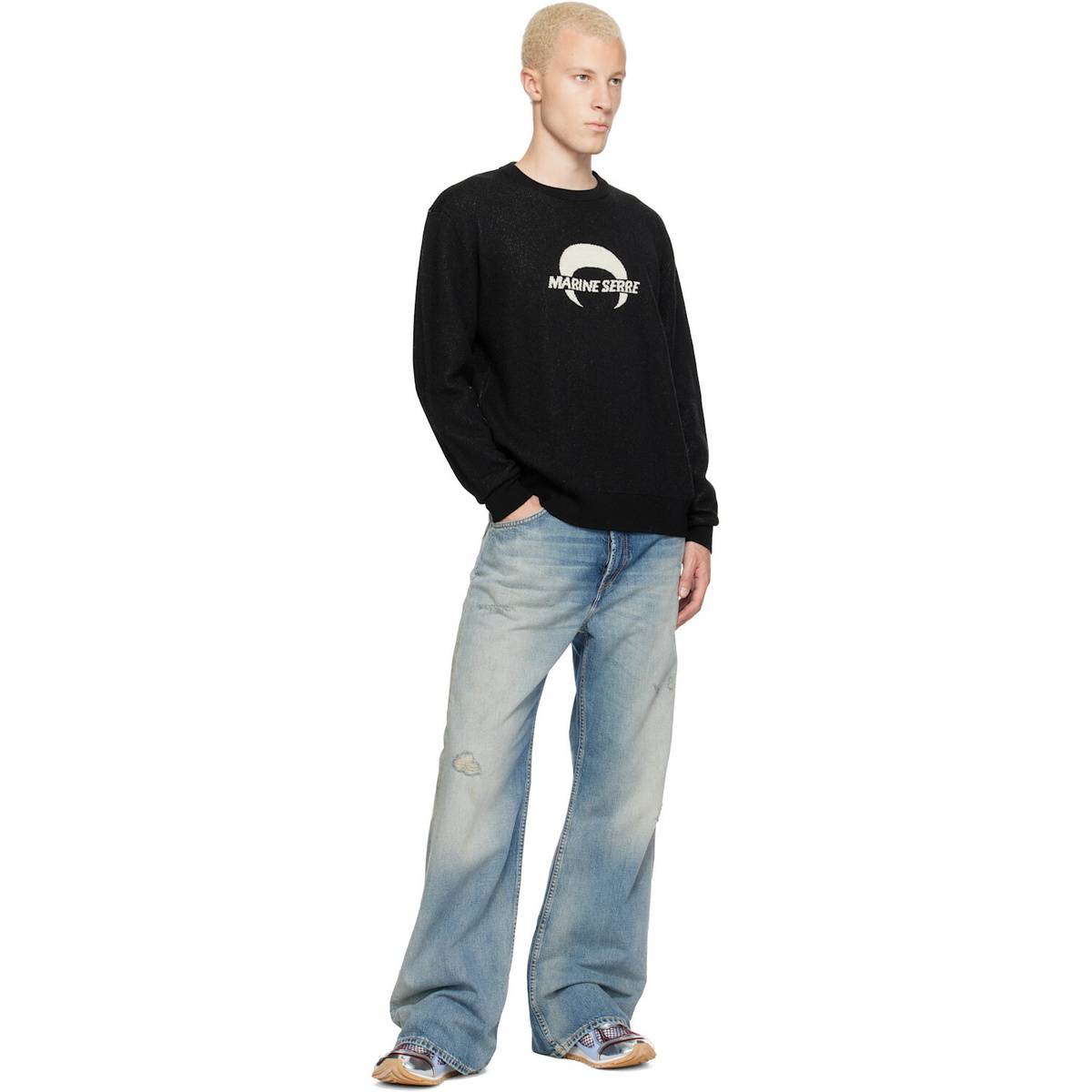 Marine Serre Black Merino Wool Knit LS Sweater