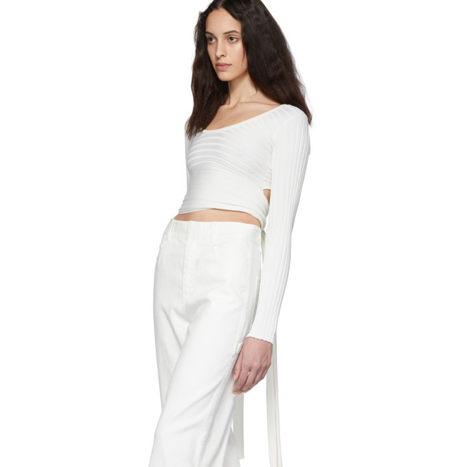 Tibi White Ribbed Decollete Wrap Sweater