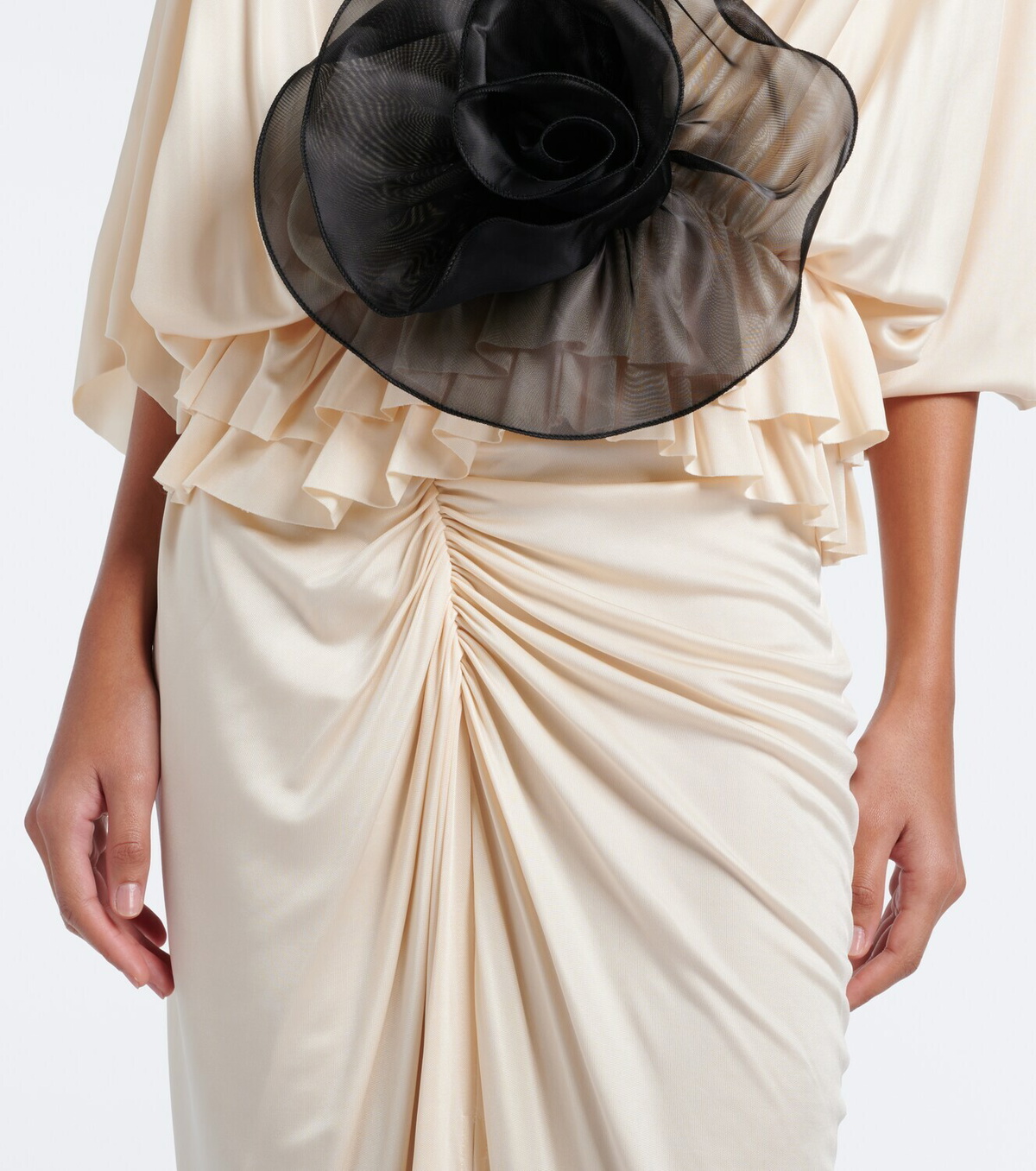 Jacques Wei Floral-appliqué gathered satin maxi dress