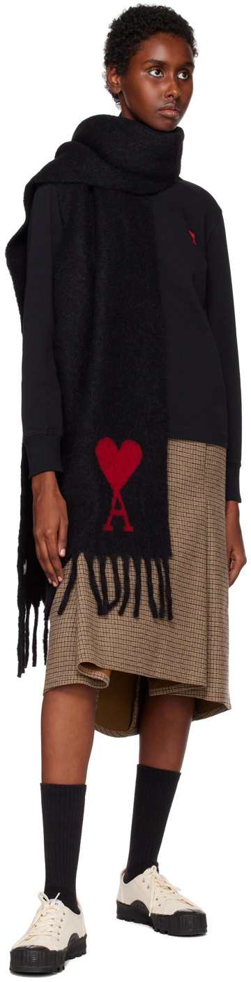 ★AMI PARIS★AMI de Coeur Wool Classic Scarf Black★ Ami Paris | Ami De Coeur Logo-appliquéd Fringed Black Virgin