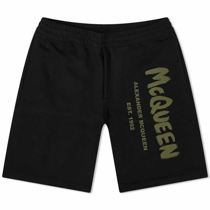 Photo: Alexander McQueen Men's Graffiti Logo Sweat Shorts in Black/Khaki