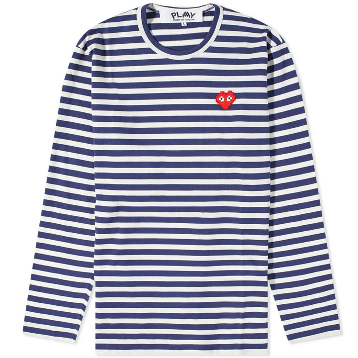 Photo: Comme des Garçons Play Men's Invader Heart Striped Long Sleeve T-Shirt in Navy/White