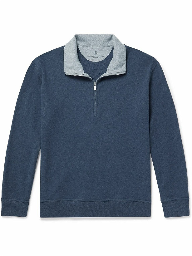 Photo: Brunello Cucinelli - Cotton-Blend Jersey Half-Zip Sweatshirt - Blue