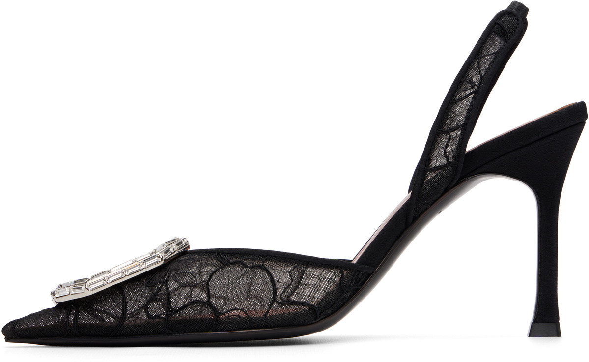 Amina Muaddi Black Camelia Lace Sling 90 Heels