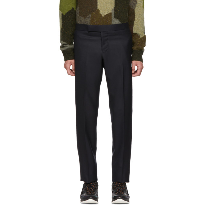 Photo: Thom Browne Navy Wool Side Stripe Low-Rise Skinny Trousers