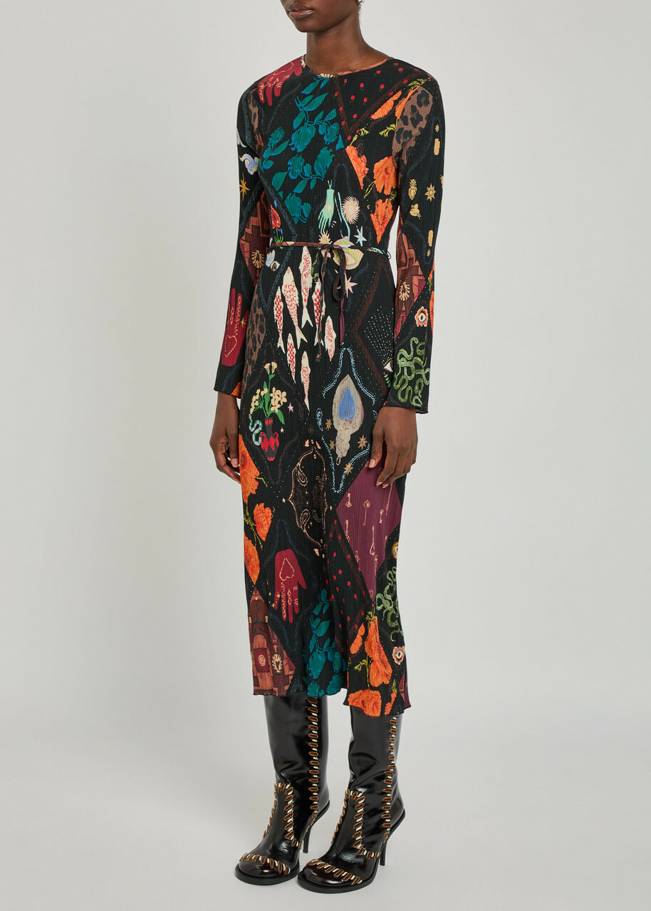 Never Fully Dressed Gaia Printed Plissé Midi Dress Black