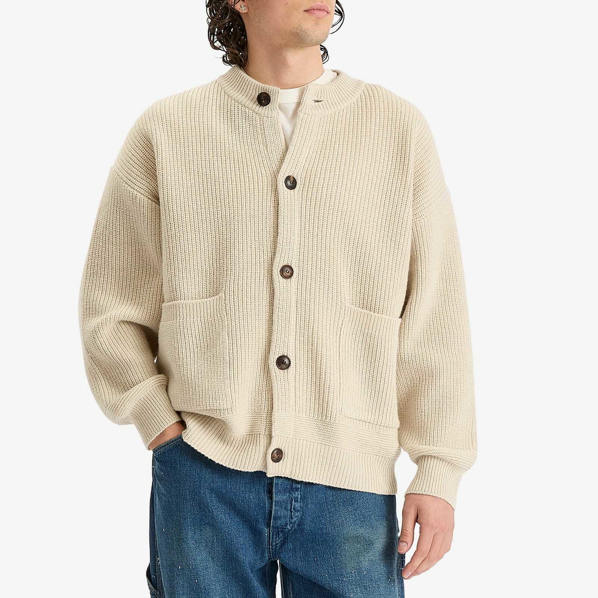 FrizmWORKS Men's Heavy Wool Cardigan in Cream