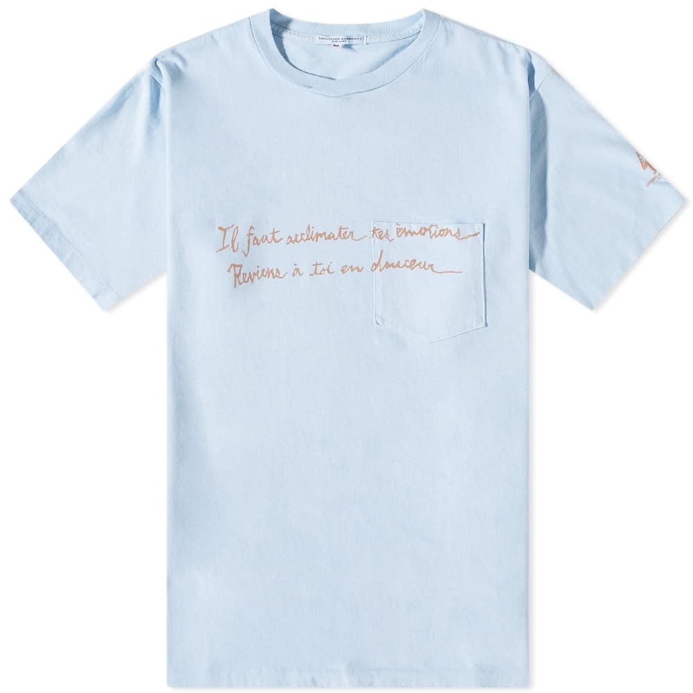 Photo: Engineered Garments Men's Emotion Cross Crew T-Shirt in Light Blue