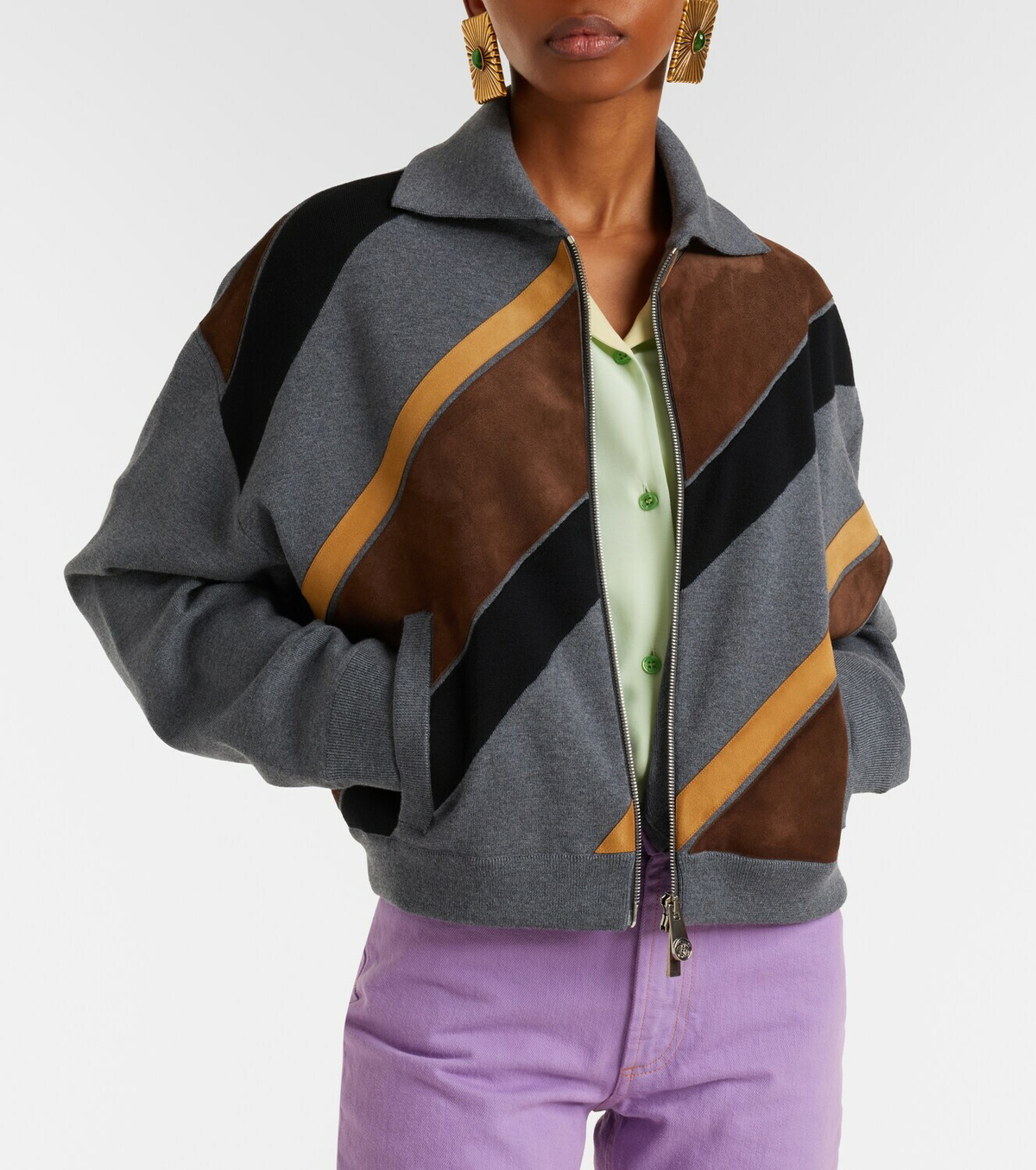 Versace Suede-trimmed wool-blend zip-up sweater