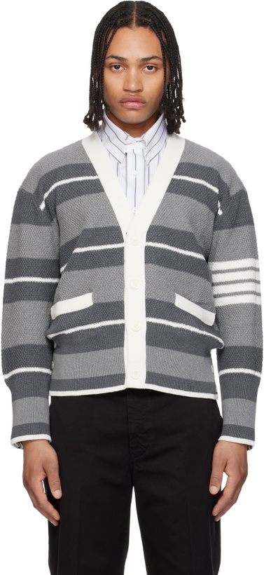 Photo: Thom Browne Gray Classic Stripe Seed Stitch 4-Bar Cardigan