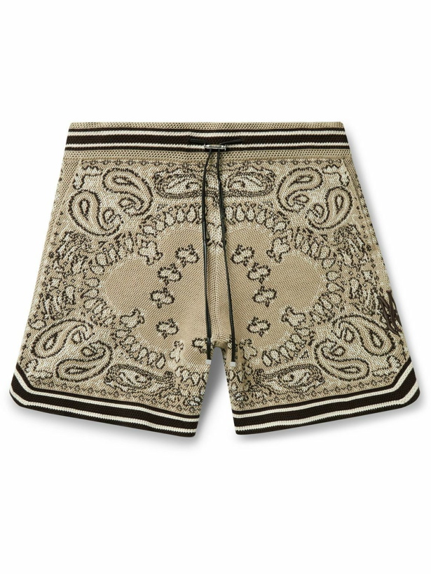 Photo: AMIRI - Wide-Leg Logo-Embroidered Crocheted Cotton-Blend Drawstring Shorts - Brown