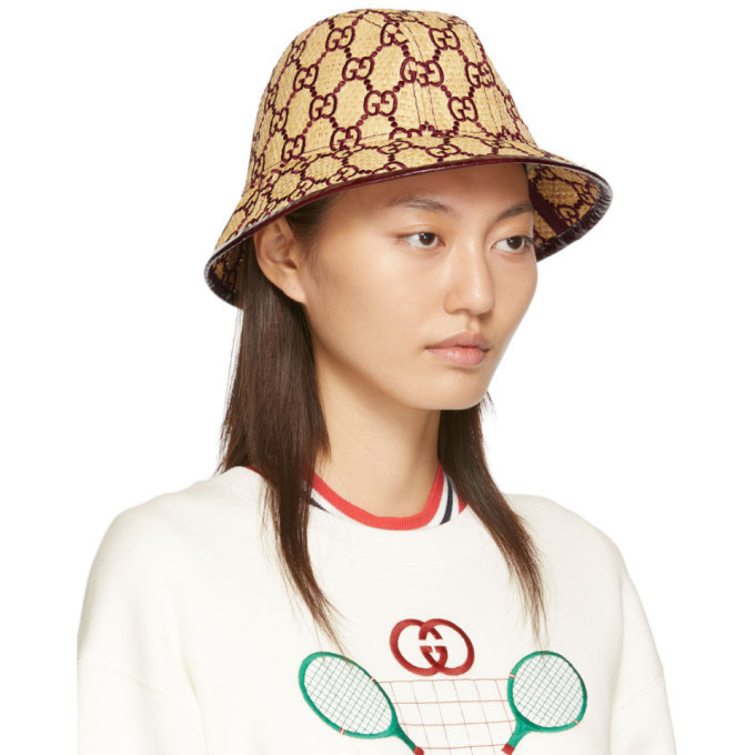 Gucci Beige and Burgundy Raffia GG Fedora Gucci