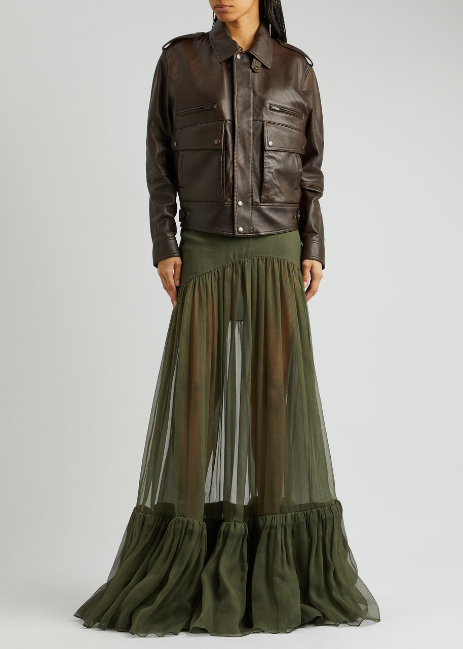 Saint Laurent Women's Brown High-Neck Leather Jacket Saint