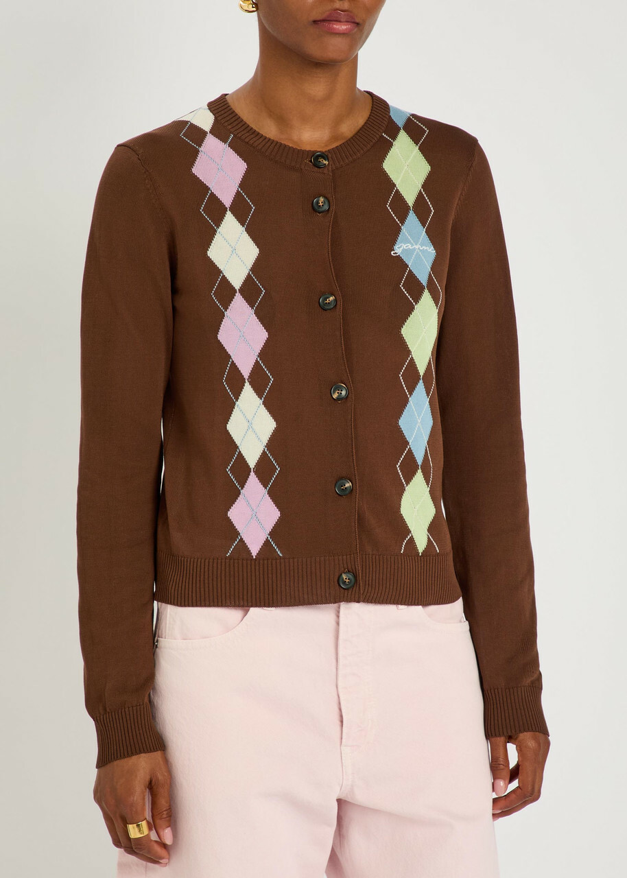 Ganni Argyle Cotton Cardigan Brown