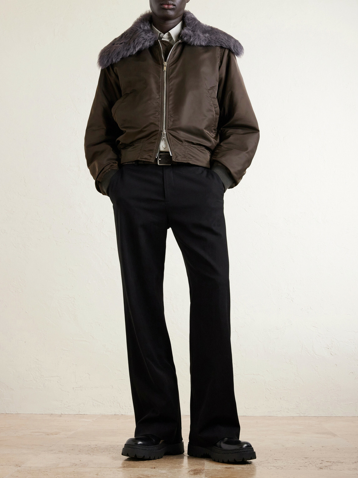 Bottega Veneta - Padded Plush-Trimmed Satin Bomber Jacket - Brown