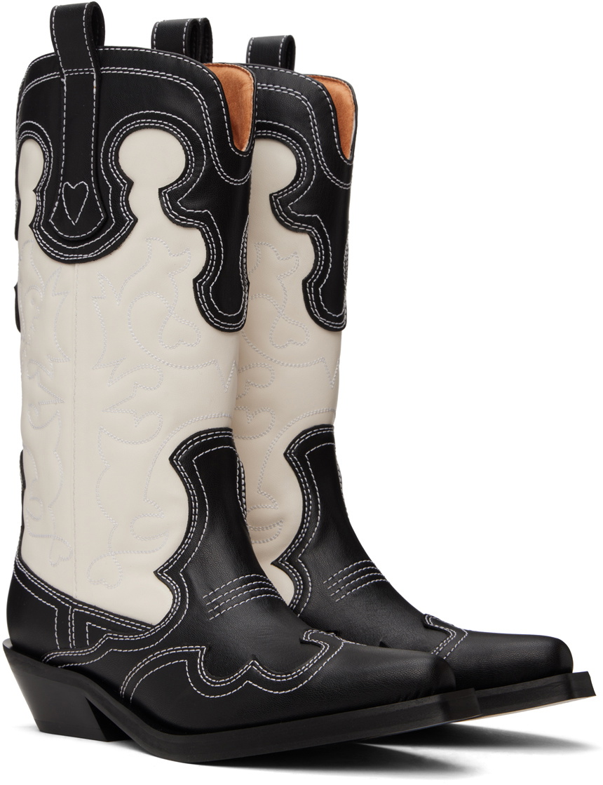 GANNI Black & White Mid Shaft Embroidered Western Boots GANNI