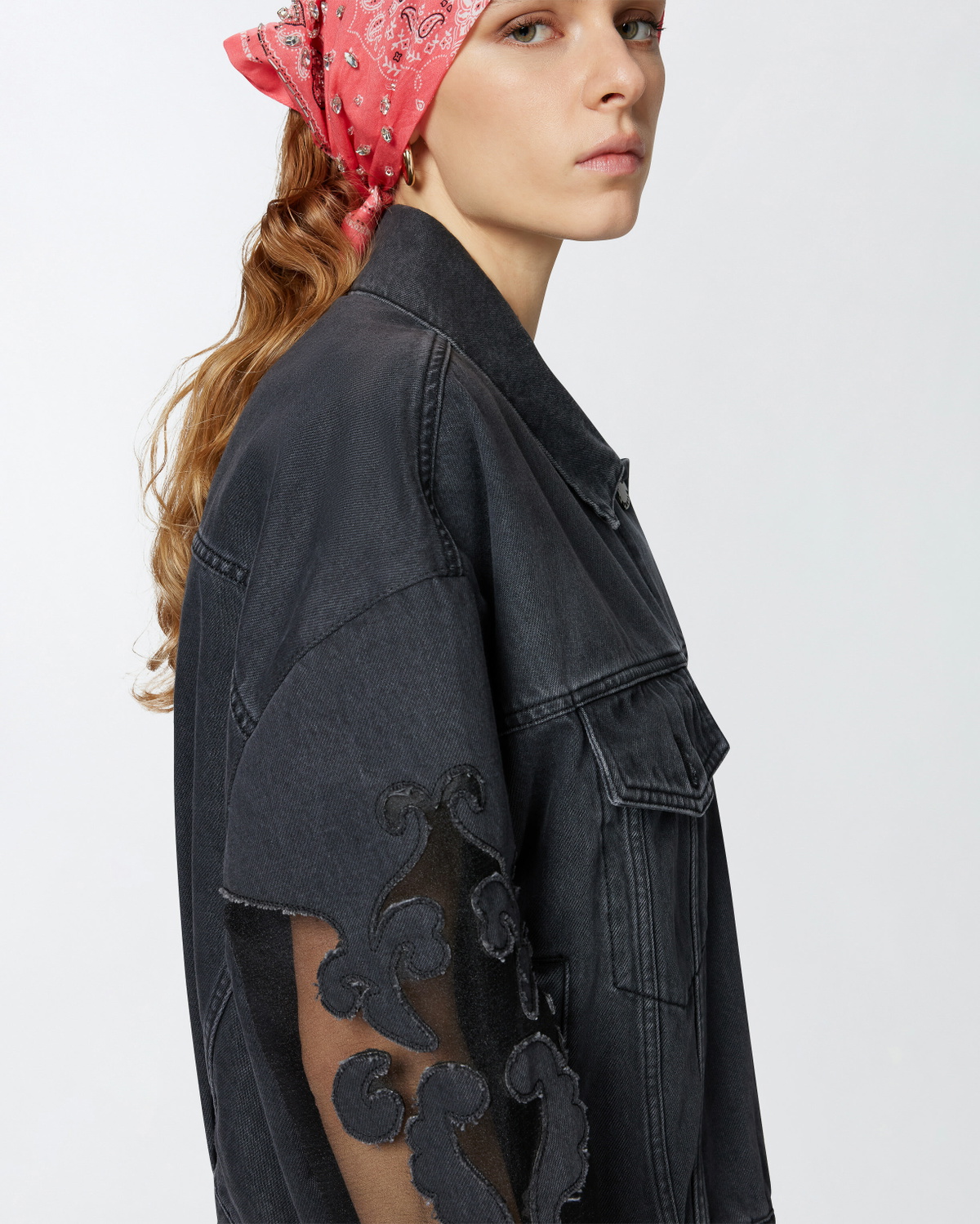 Pinko Black Denim Jacket With Organza Sleeves Limo Black