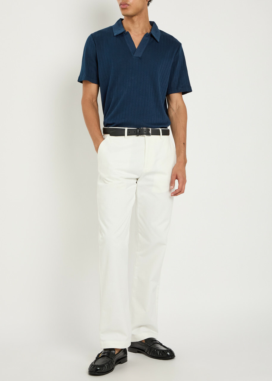 Oliver Spencer Fine-knit Ribbed Cotton Polo Shirt Navy