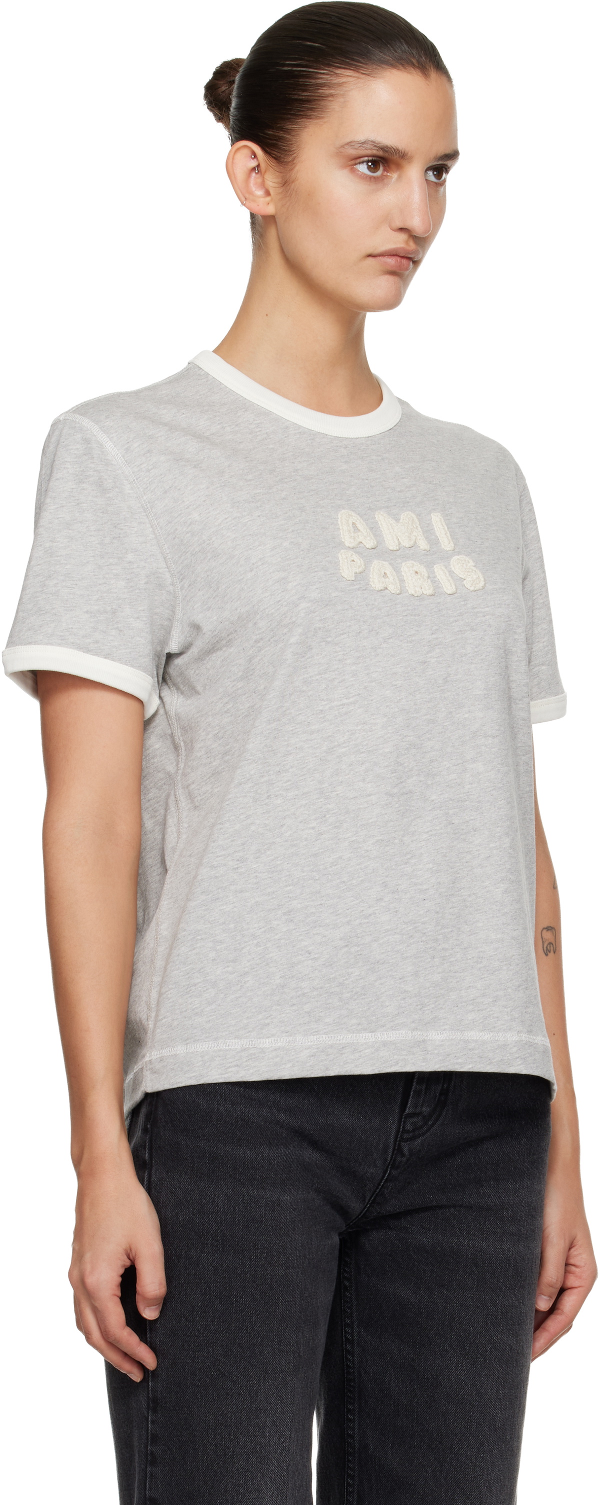AMI Paris Gray Cotton 'Ami Paris' Knitted Patch T-shirt