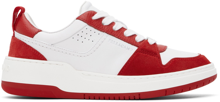 Photo: Ferragamo White & Red Suede Patch Skate Sneakers
