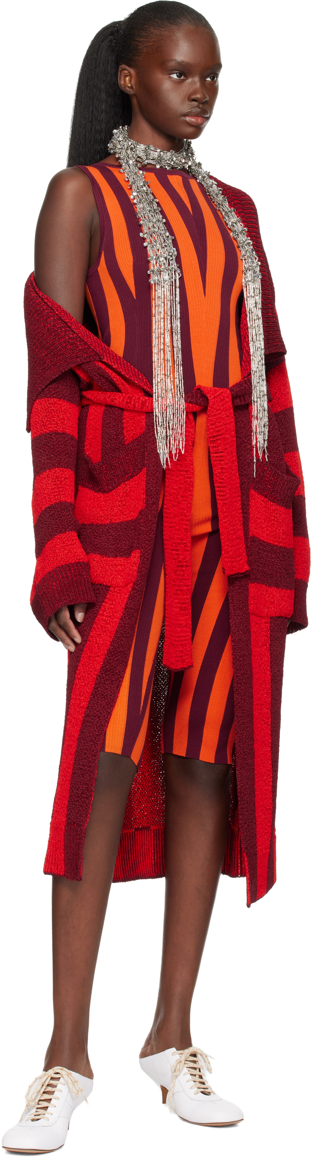 Dries Van Noten Red & Burgundy Loose Belted Cardigan