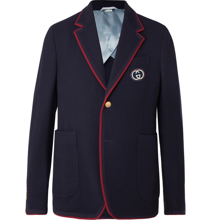 Photo: Gucci - Unstructured Logo-Appliquéd Wool and Cotton-Blend Blazer - Blue