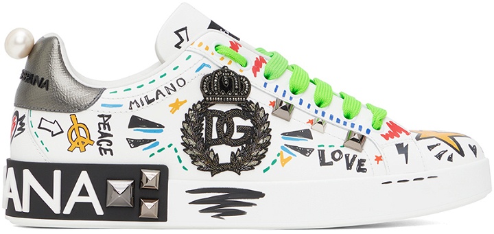 Photo: Dolce & Gabbana White Embroidery & Studs Portofino Sneakers