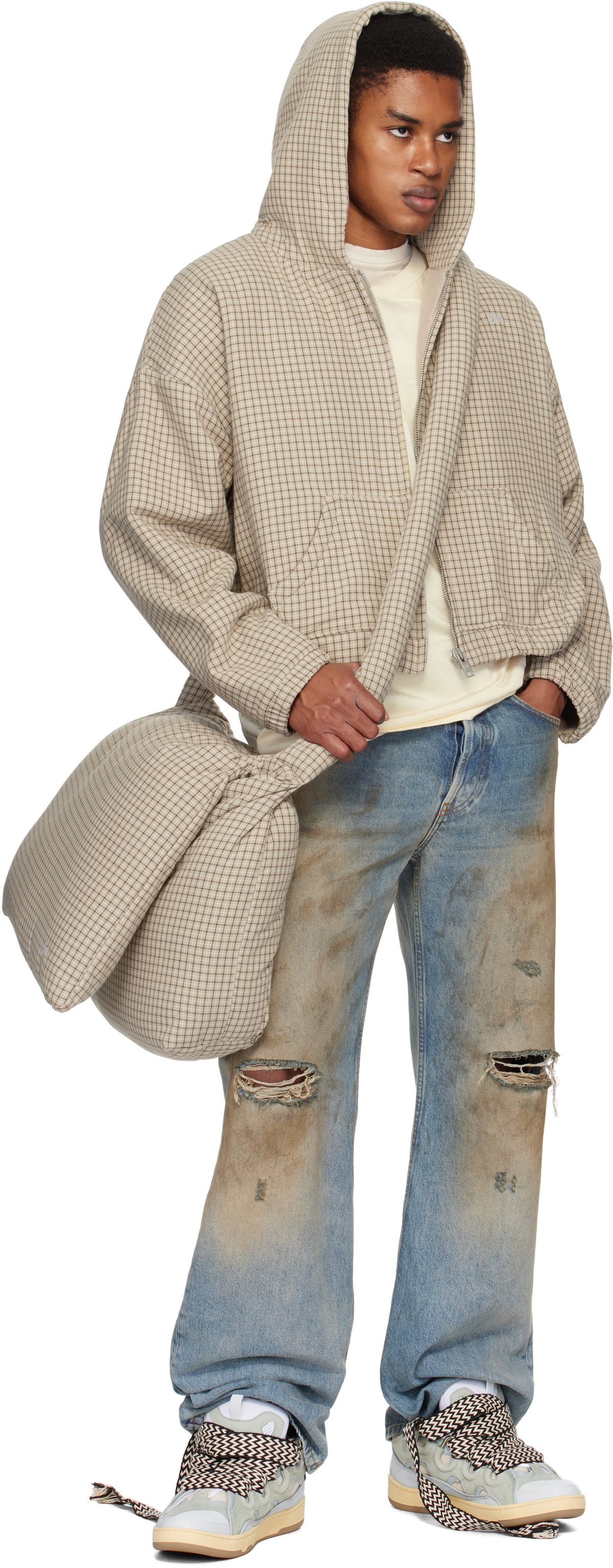 ERL Beige Plaid Padded Hooded Jacket