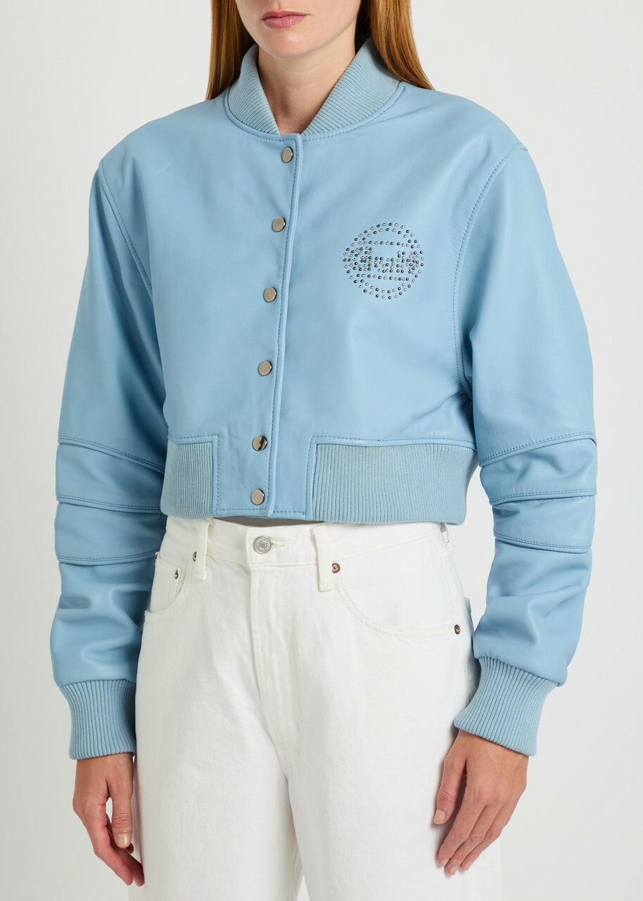 AN-Y1 Queen Stud-embellished Leather Cropped Bomber Jacket Light Blue