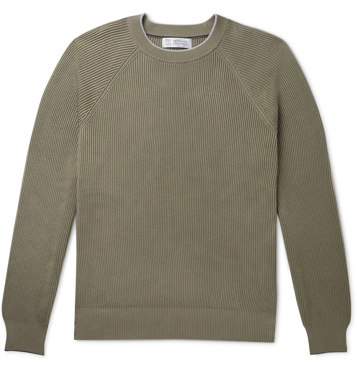 Photo: Brunello Cucinelli - Contrast-Tipped Ribbed Cotton Sweater - Gray