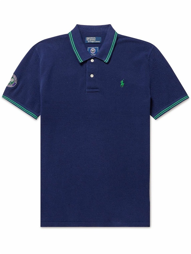 Photo: Polo Ralph Lauren - Wimbledon Logo-Embroidered Appliquéd Cotton-Piqué Polo Shirt - Blue