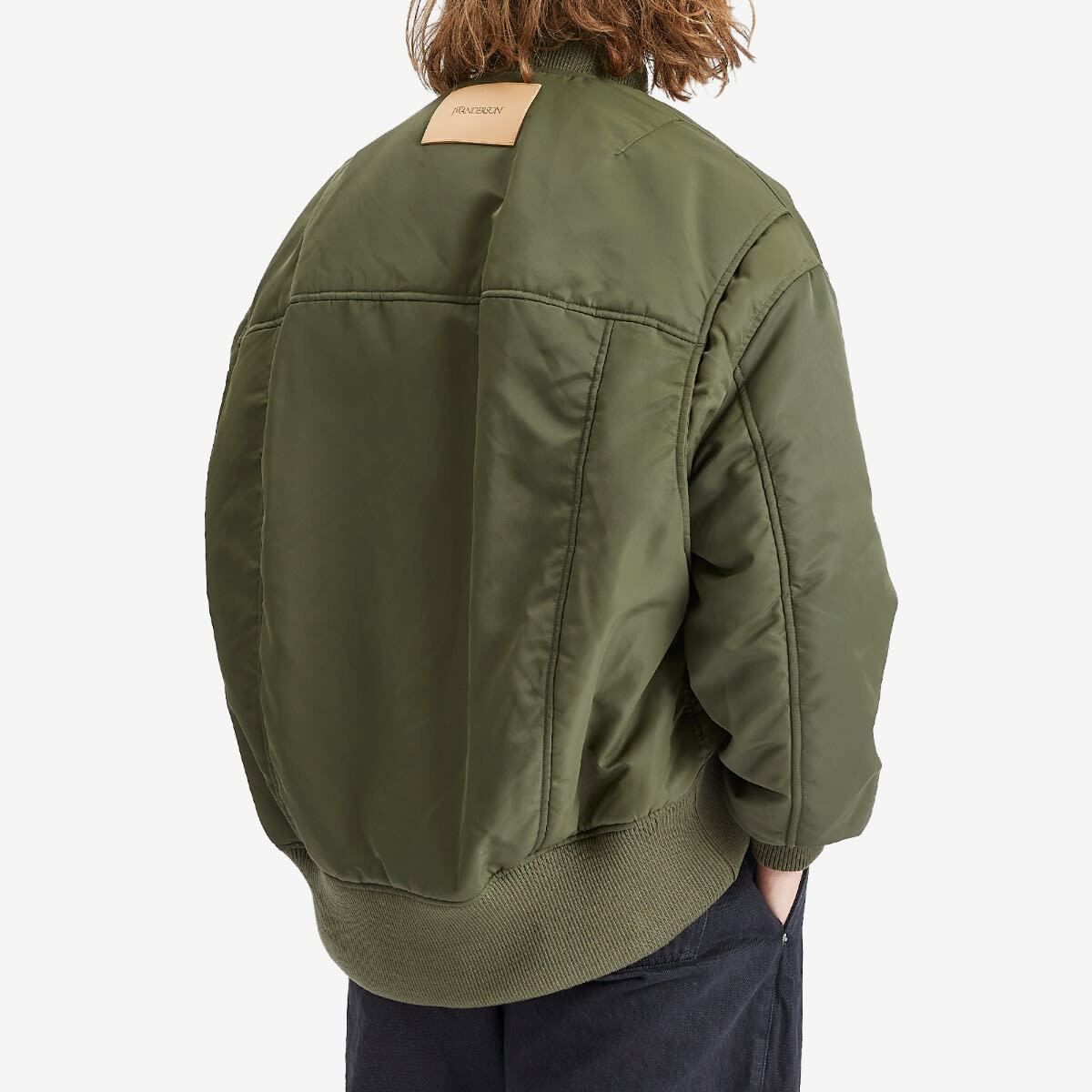 JW Anderson Men's Oversized Curved Hem Bomber Jacket in Olive