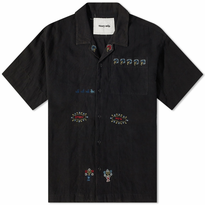 Photo: Story mfg. Men's Sampler Embroidered Greetings Vacation Shirt in Sampler Hand Embroidery Black